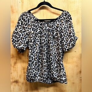 Sara Michelle White, Black & Brown Leopard Puff-Sleeve Blouse